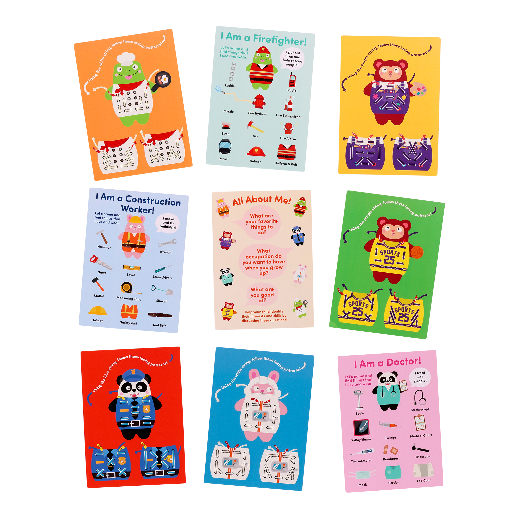 Colorful lacing animals playset with a booklet, picture book, and pattern matching cards.