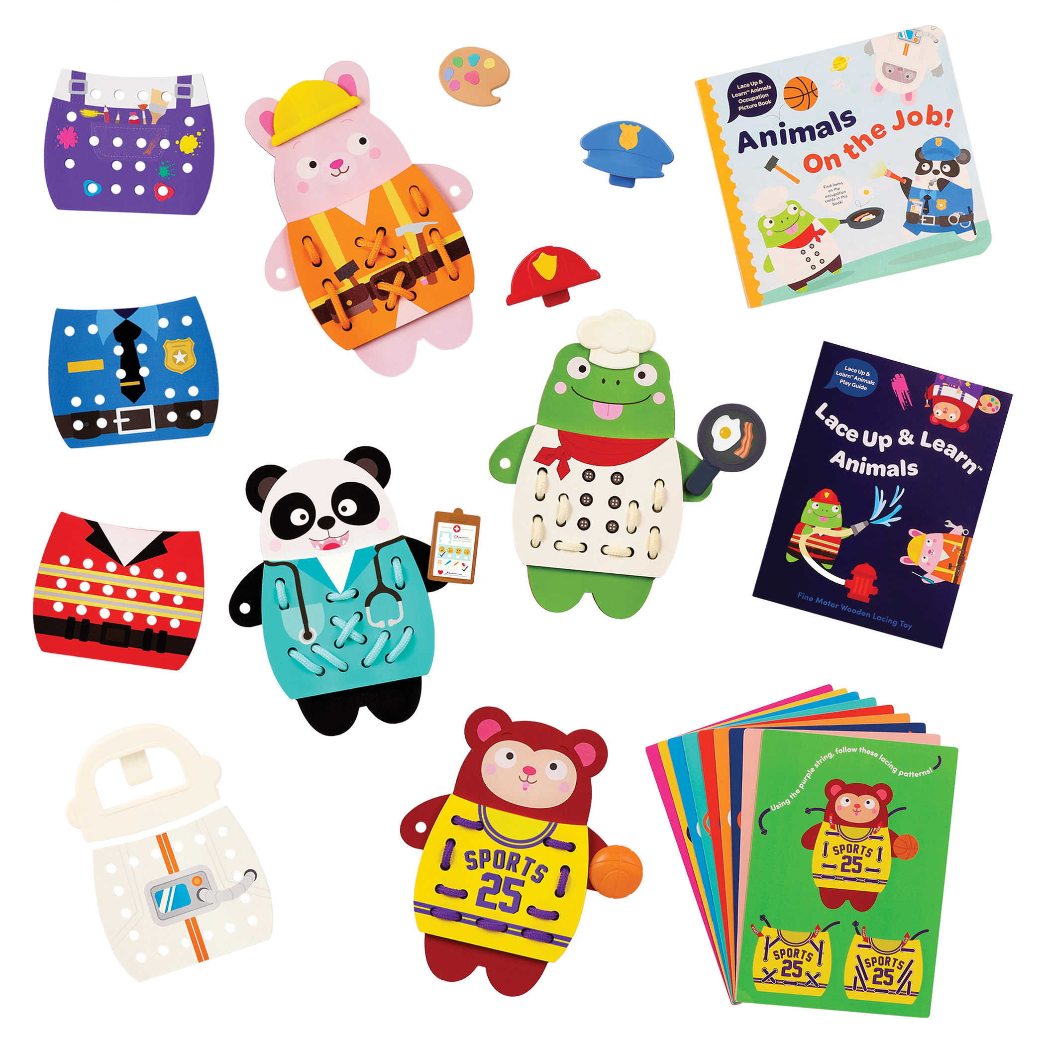 Colorful lacing animals playset with a booklet, picture book, and pattern matching cards.