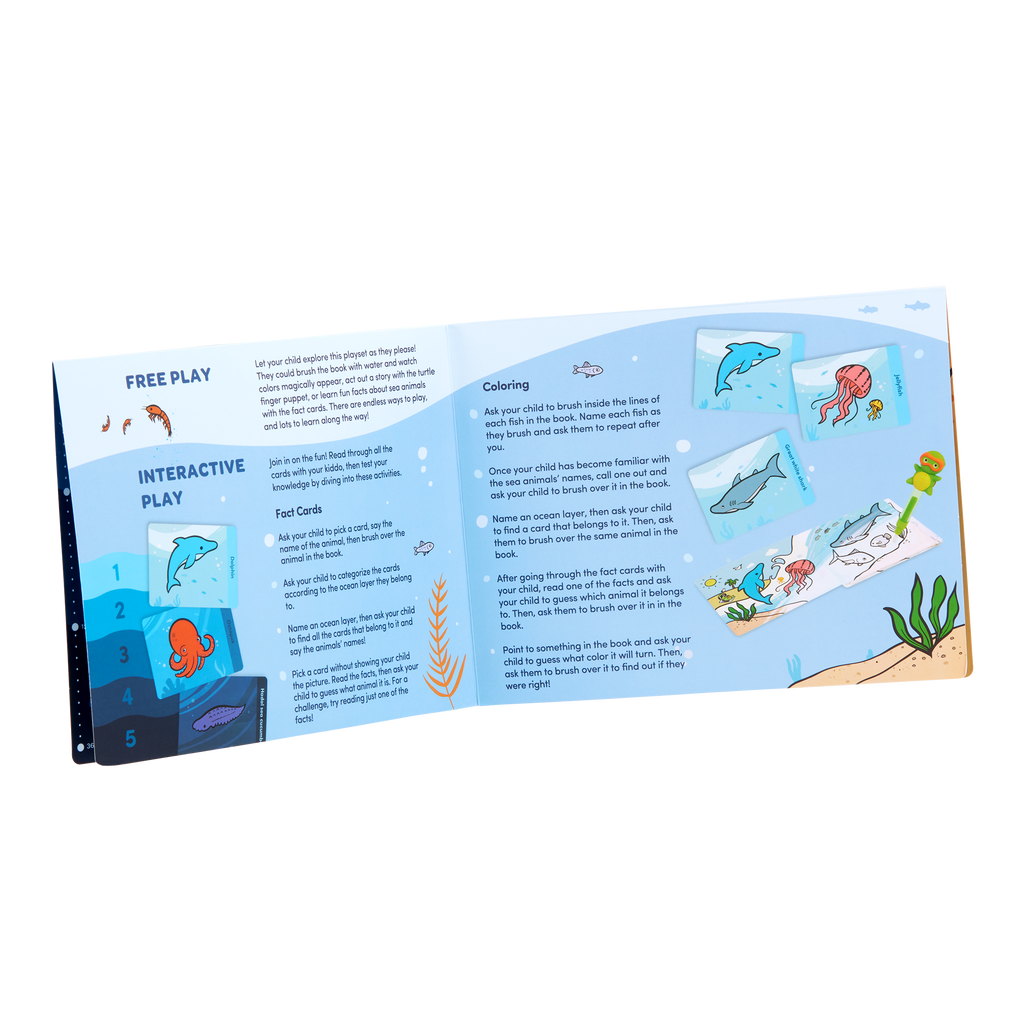 Ocean playset with color-changing book, fact cards, water pen, and a booklet.
