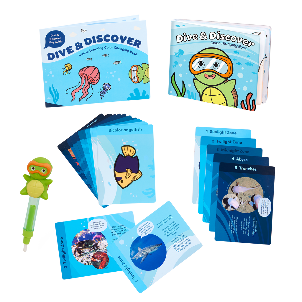 Ocean playset with color-changing book, fact cards, water pen, and a booklet.