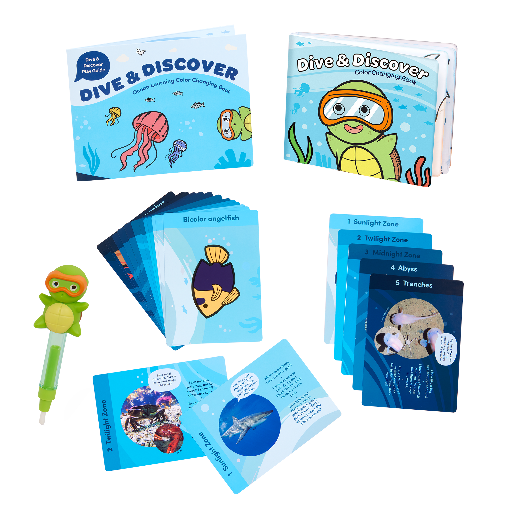 Ocean playset with color-changing book, fact cards, water pen, and a booklet.