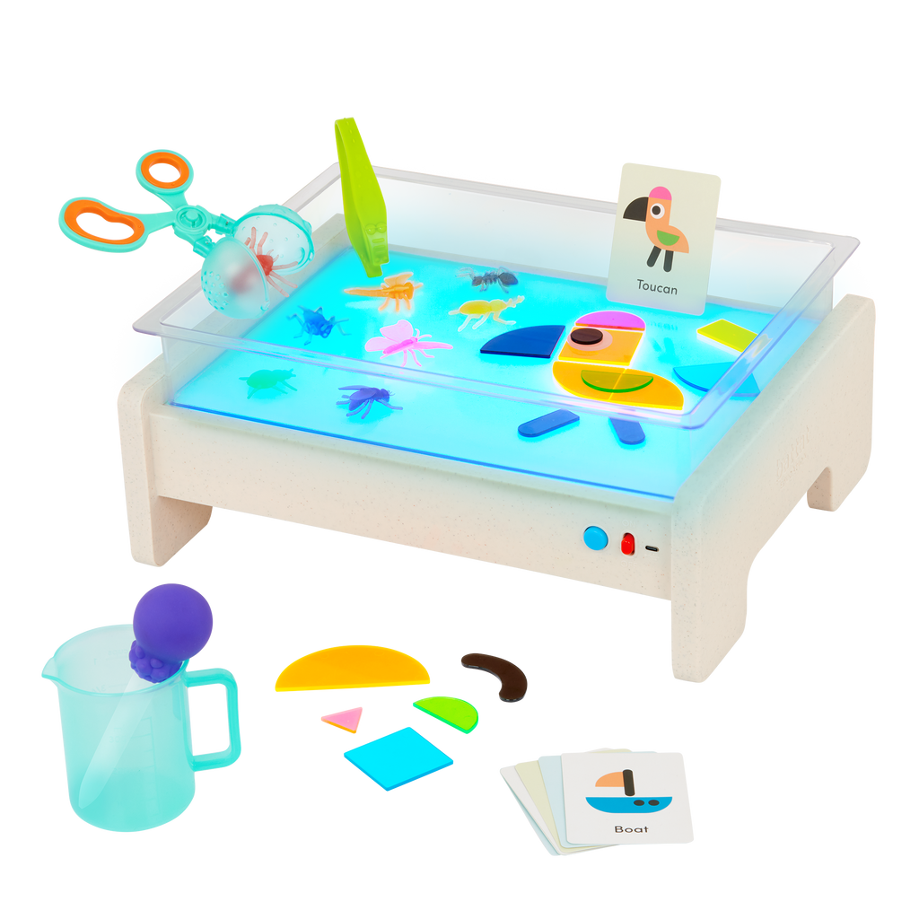 Light box playset with transculent shapes and bugs, tools, and a booklet.