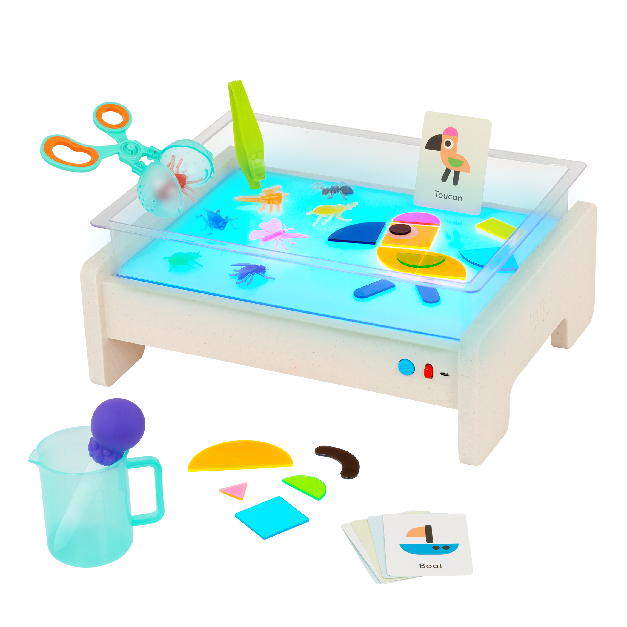 Light box playset with transculent shapes and bugs, tools, and a booklet.