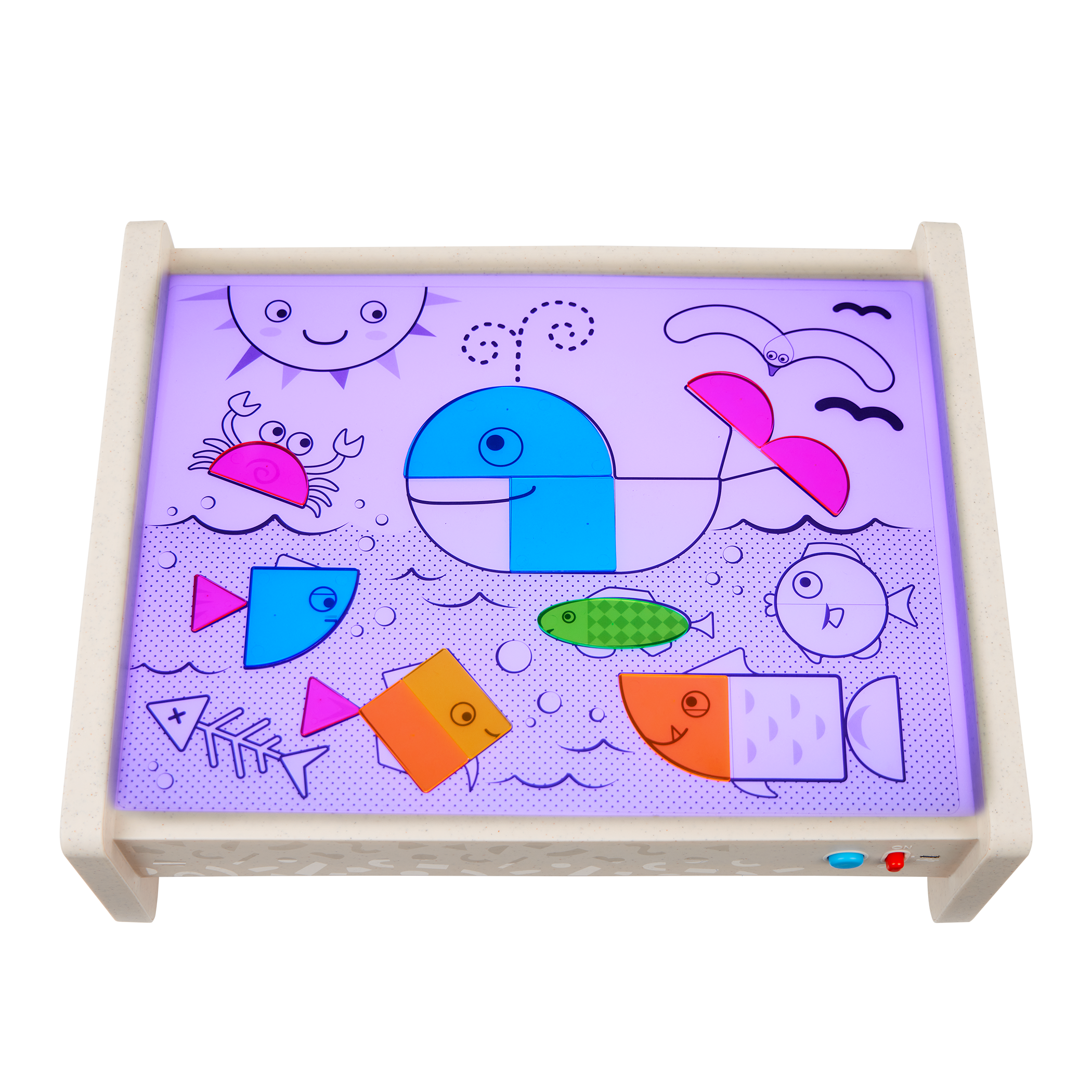 Light box playset with transculent shapes and bugs, tools, and a booklet.