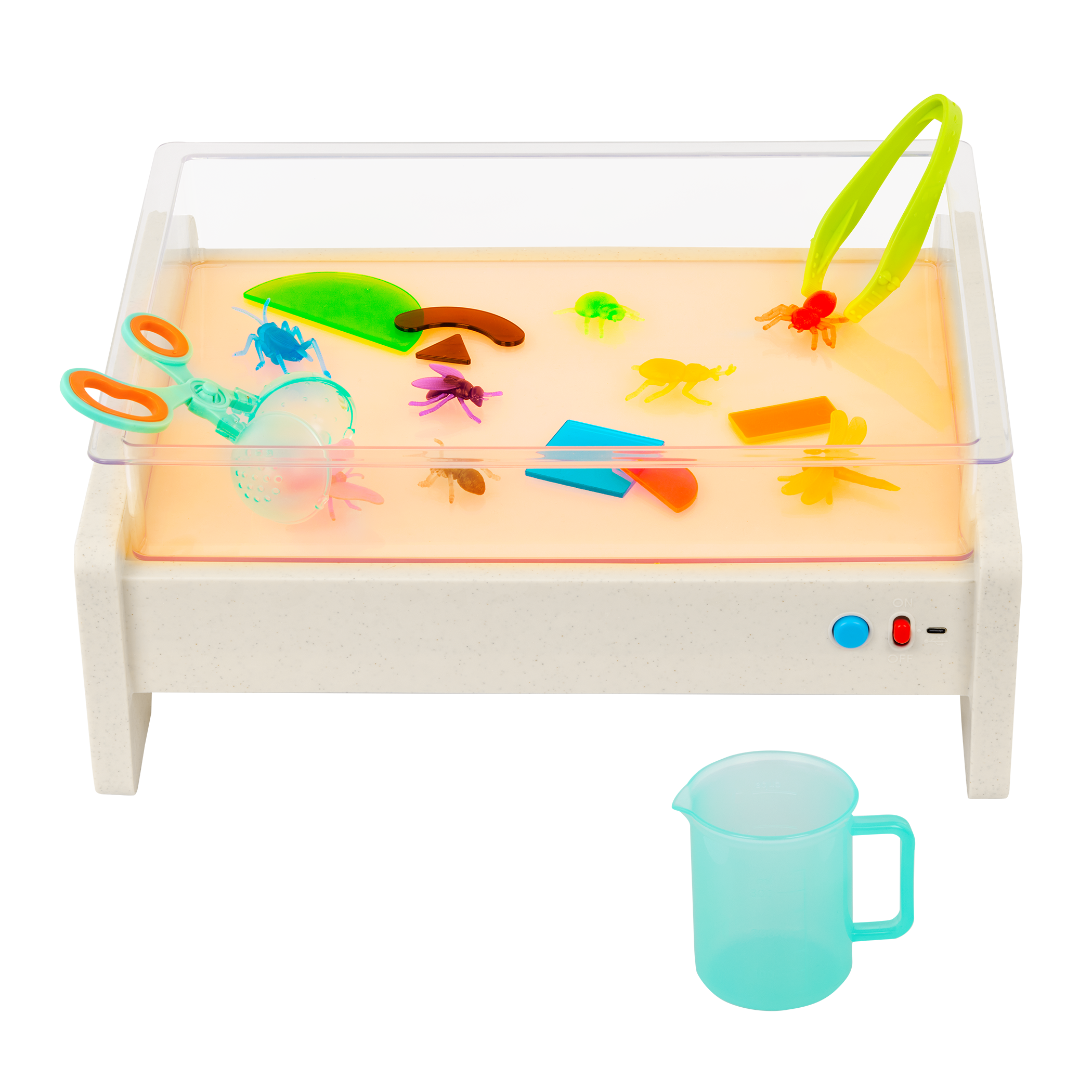 Light box playset with transculent shapes and bugs, tools, and a booklet.