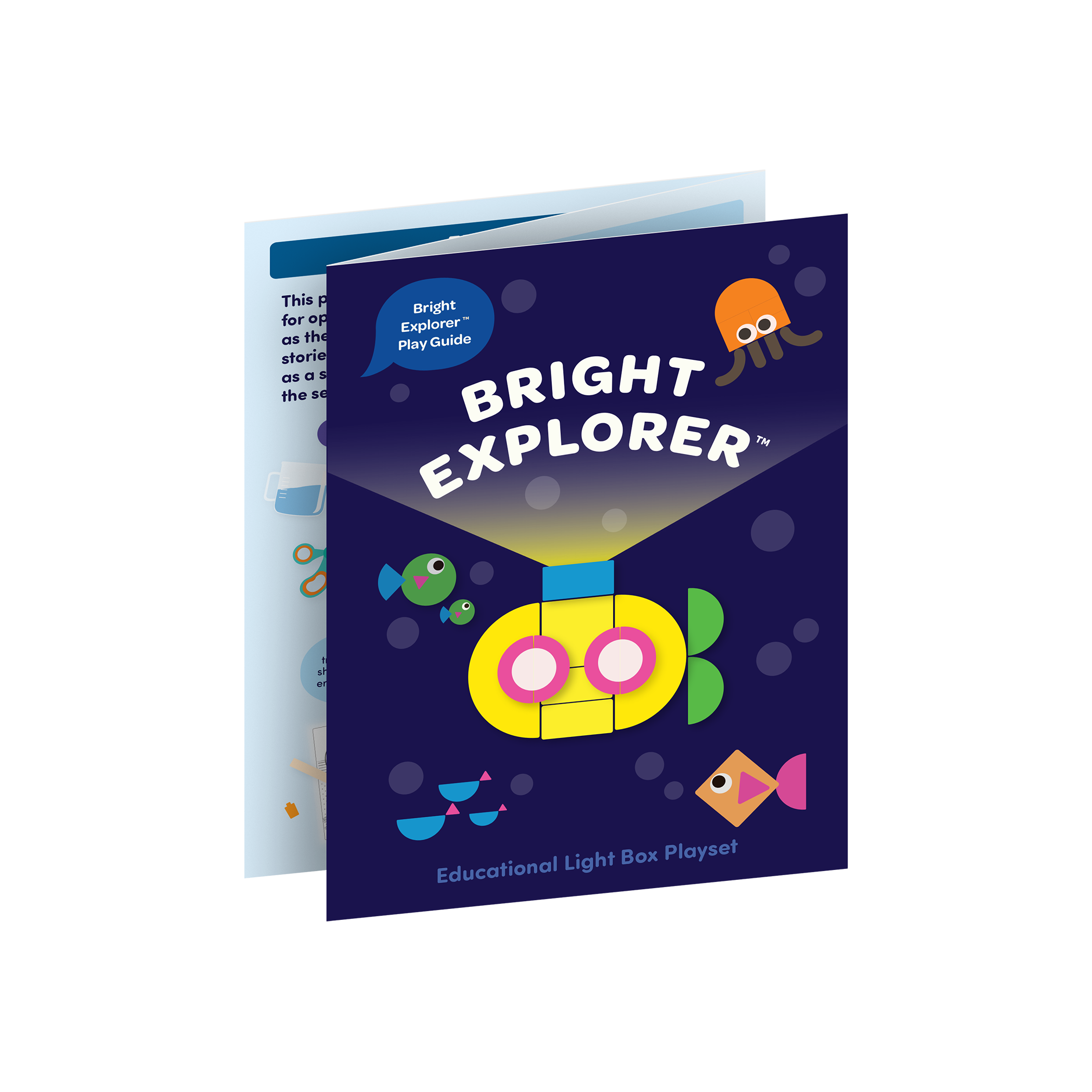 Light box playset with transculent shapes and bugs, tools, and a booklet.