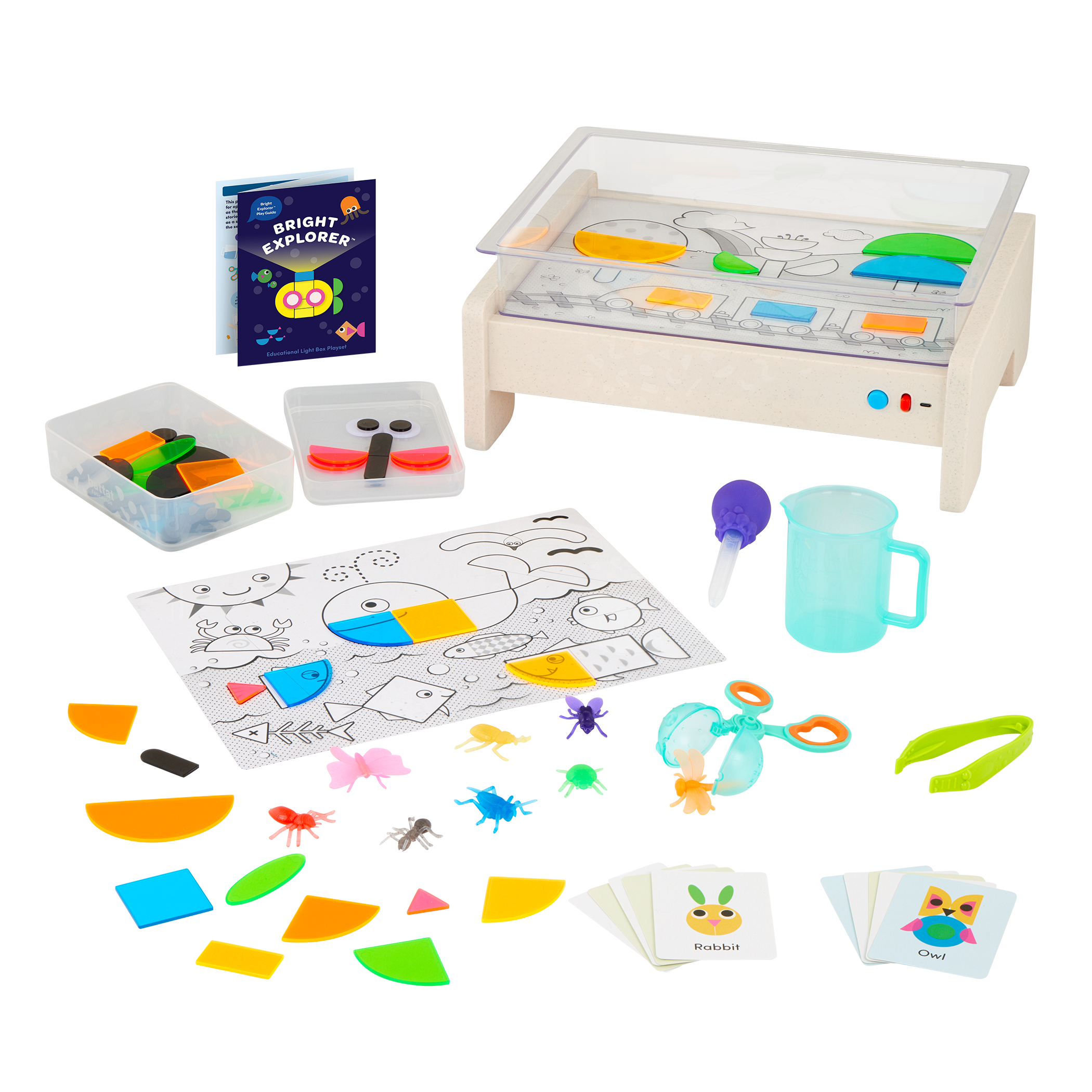 Light box playset with transculent shapes and bugs, tools, and a booklet.