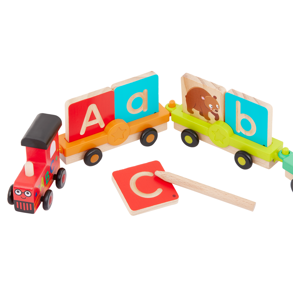 Colorful train toy with wooden alphabet tiles.