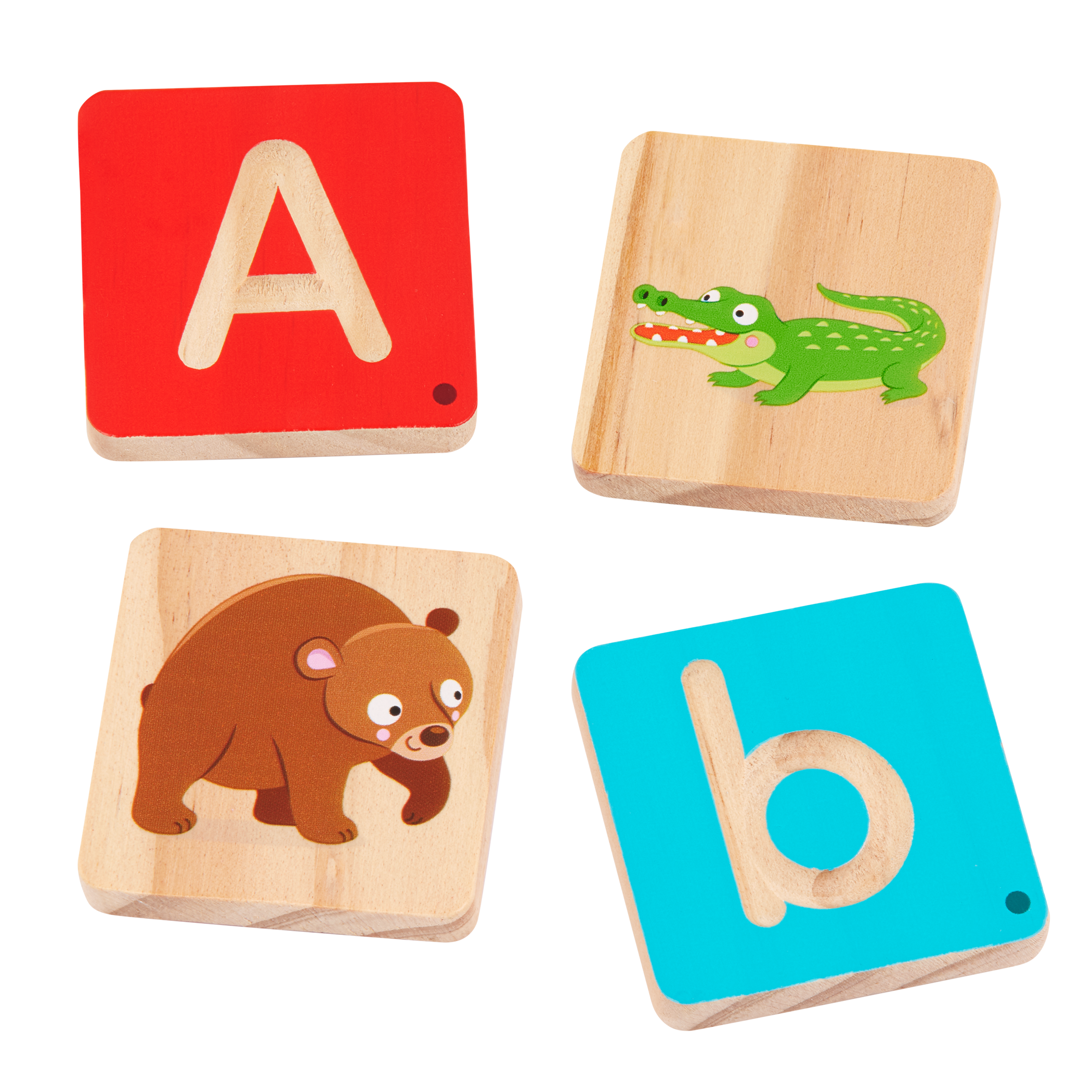 Colorful train toy with wooden alphabet tiles.