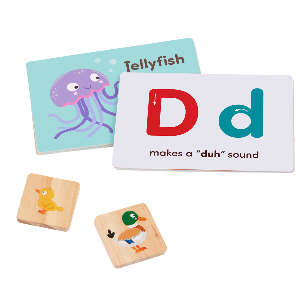 Colorful train toy with wooden alphabet tiles.