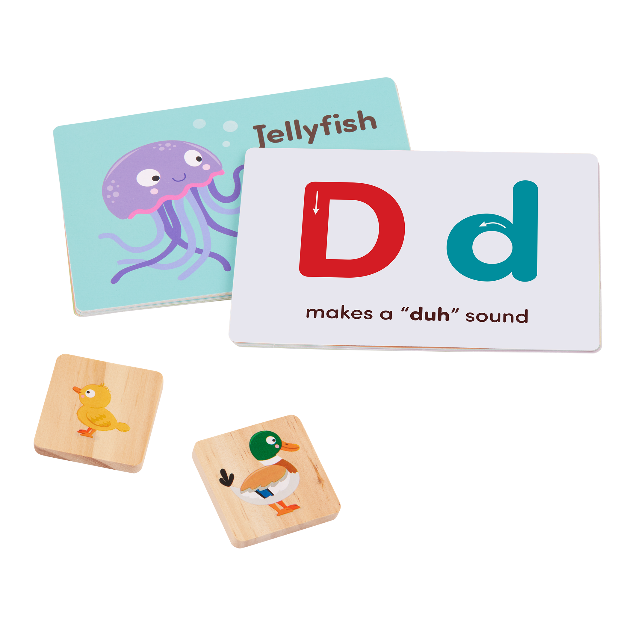 Colorful train toy with wooden alphabet tiles.