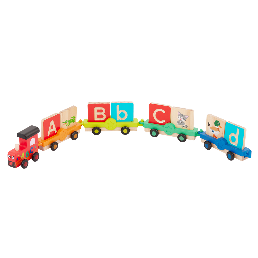 Colorful train toy with wooden alphabet tiles.