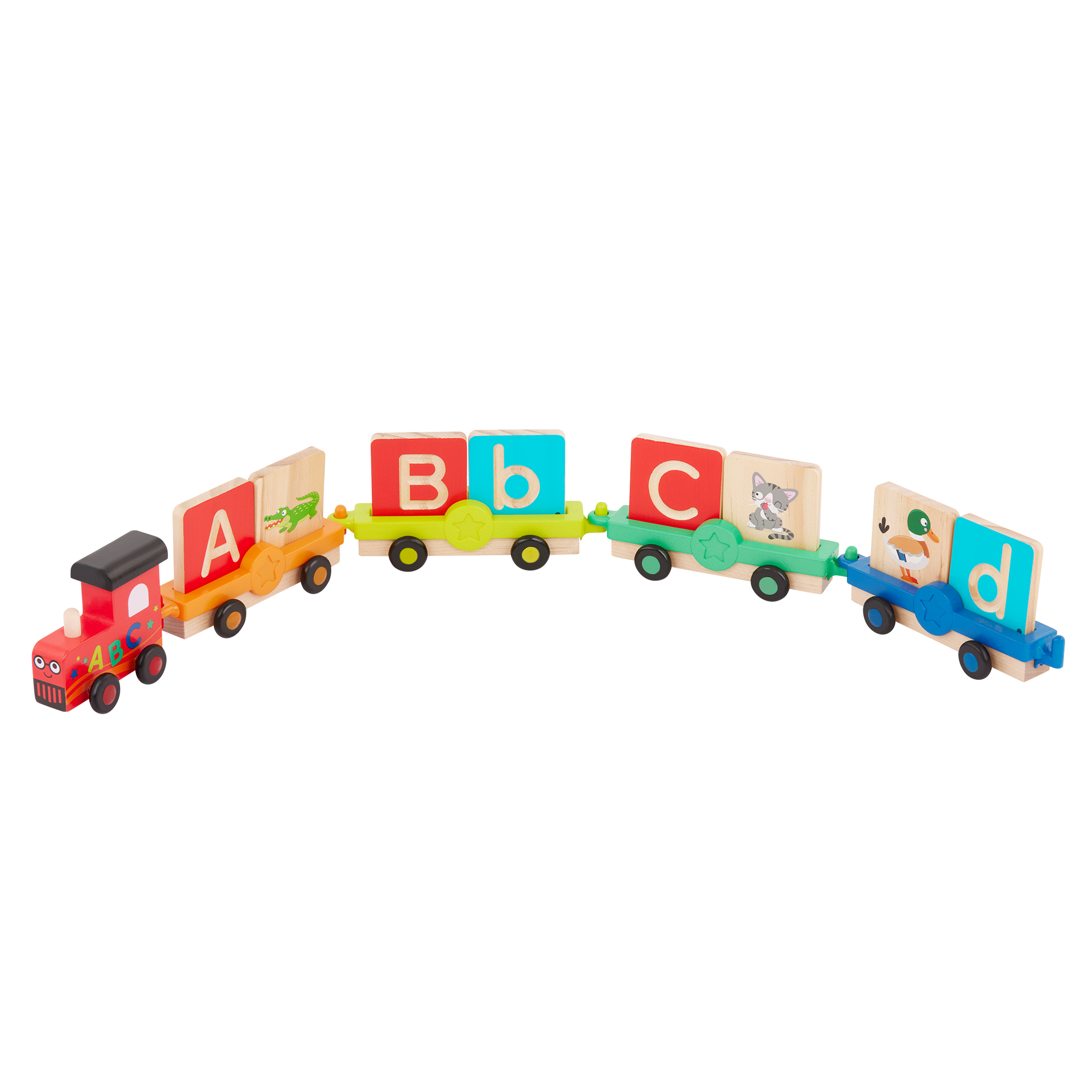 Colorful train toy with wooden alphabet tiles.