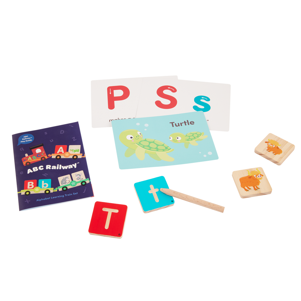 Colorful train toy with wooden alphabet tiles.