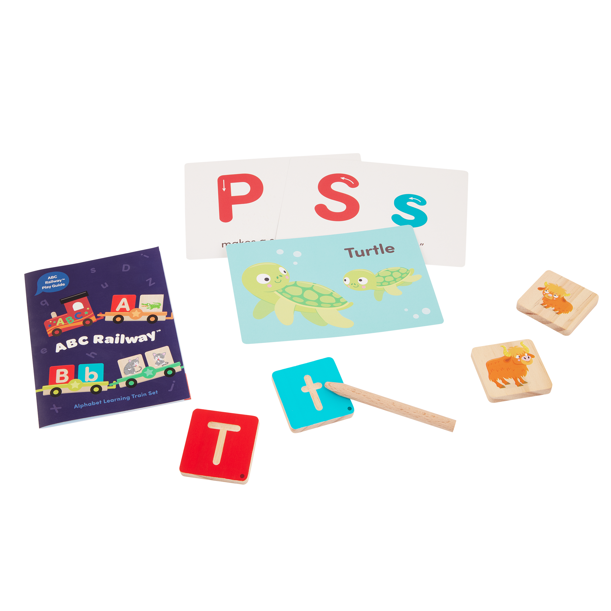 Colorful train toy with wooden alphabet tiles.