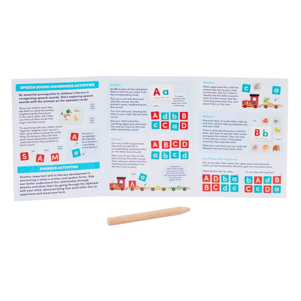 Colorful train toy with wooden alphabet tiles.