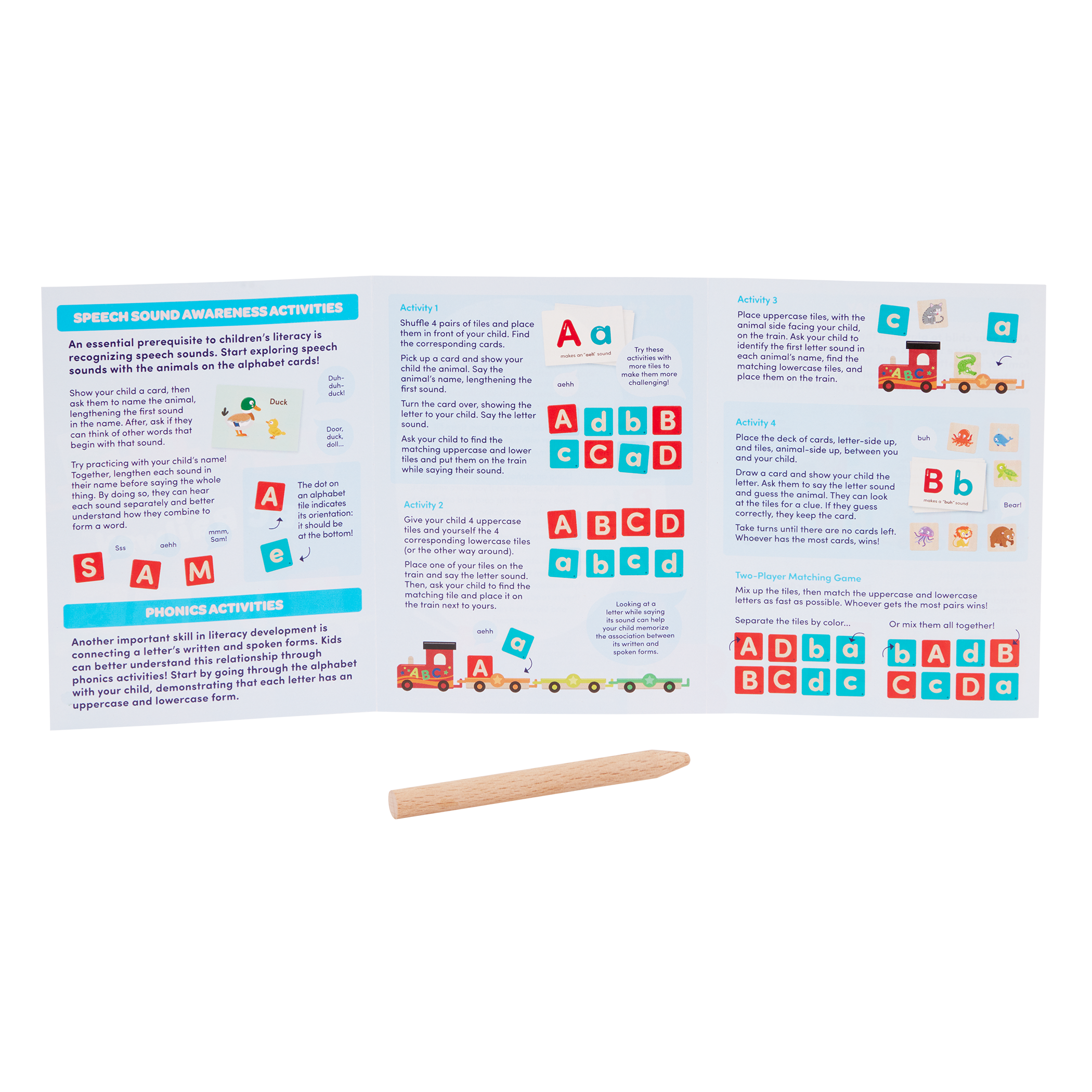 Colorful train toy with wooden alphabet tiles.