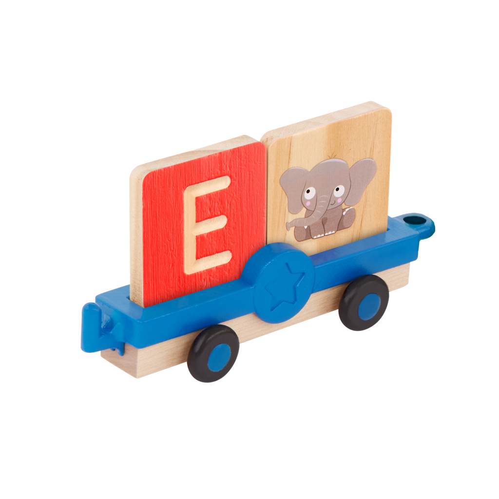 Colorful train toy with wooden alphabet tiles.