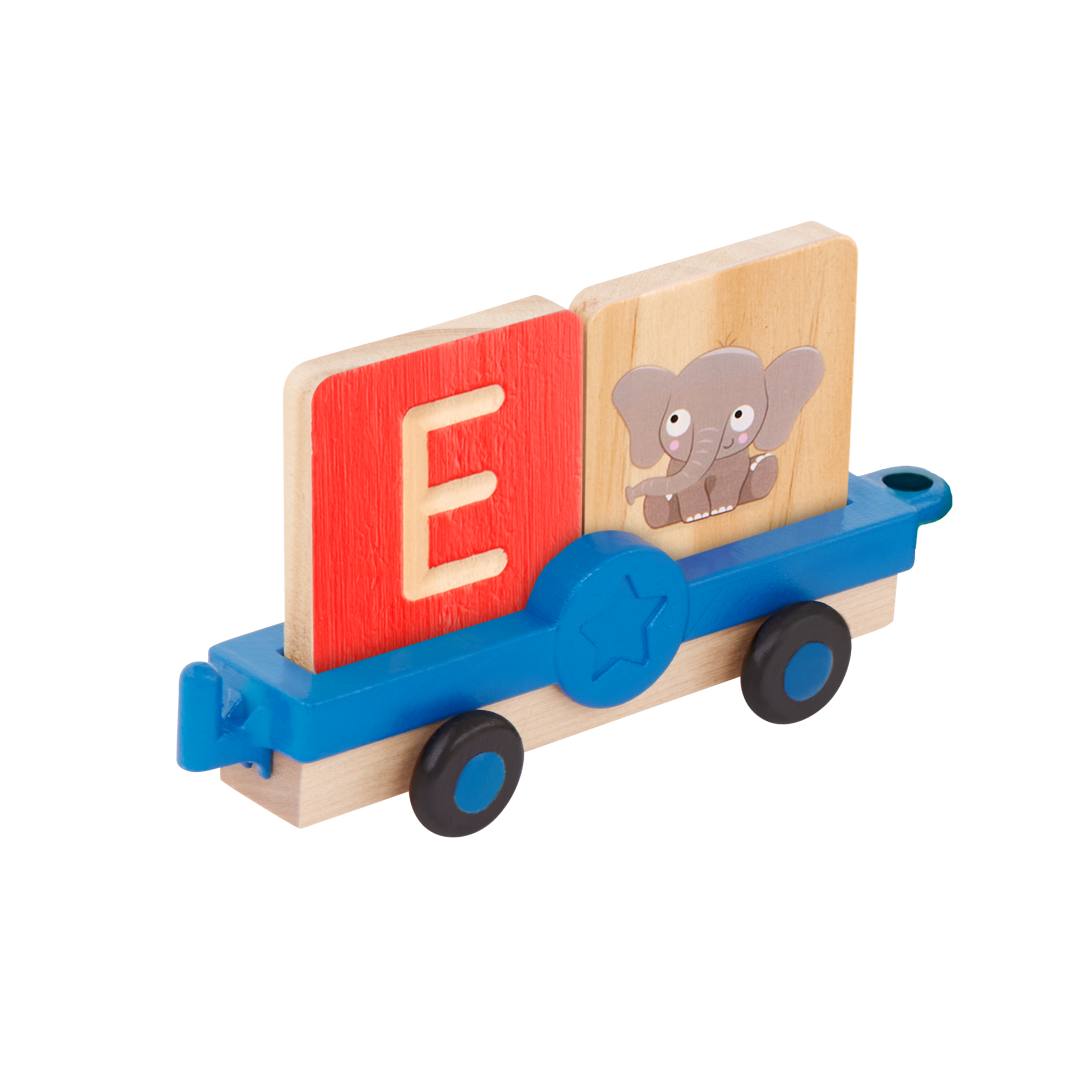 Colorful train toy with wooden alphabet tiles.