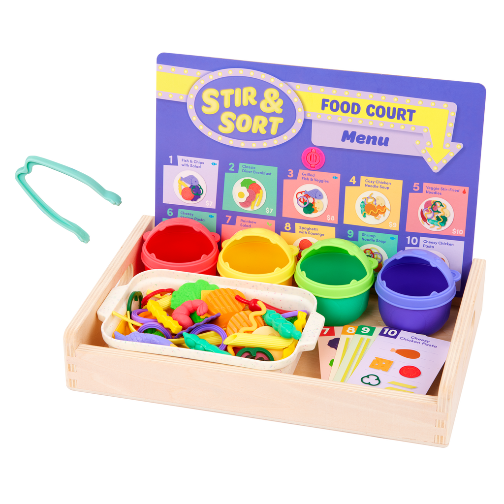 Colorful food sorting game with tongs, play food, activity cards, bowls, and a menu.
