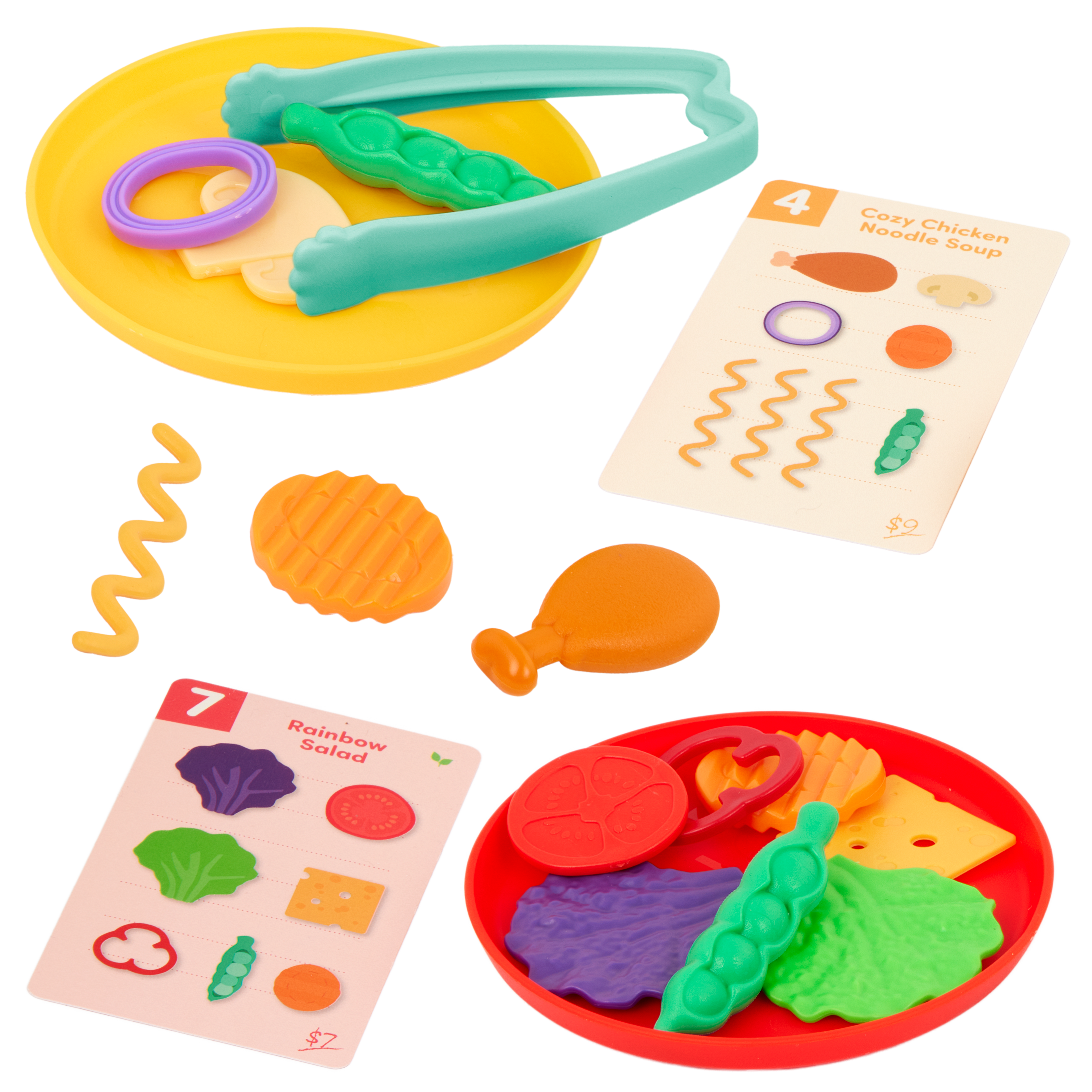 Colorful food sorting game with tongs, play food, activity cards, bowls, and a menu.