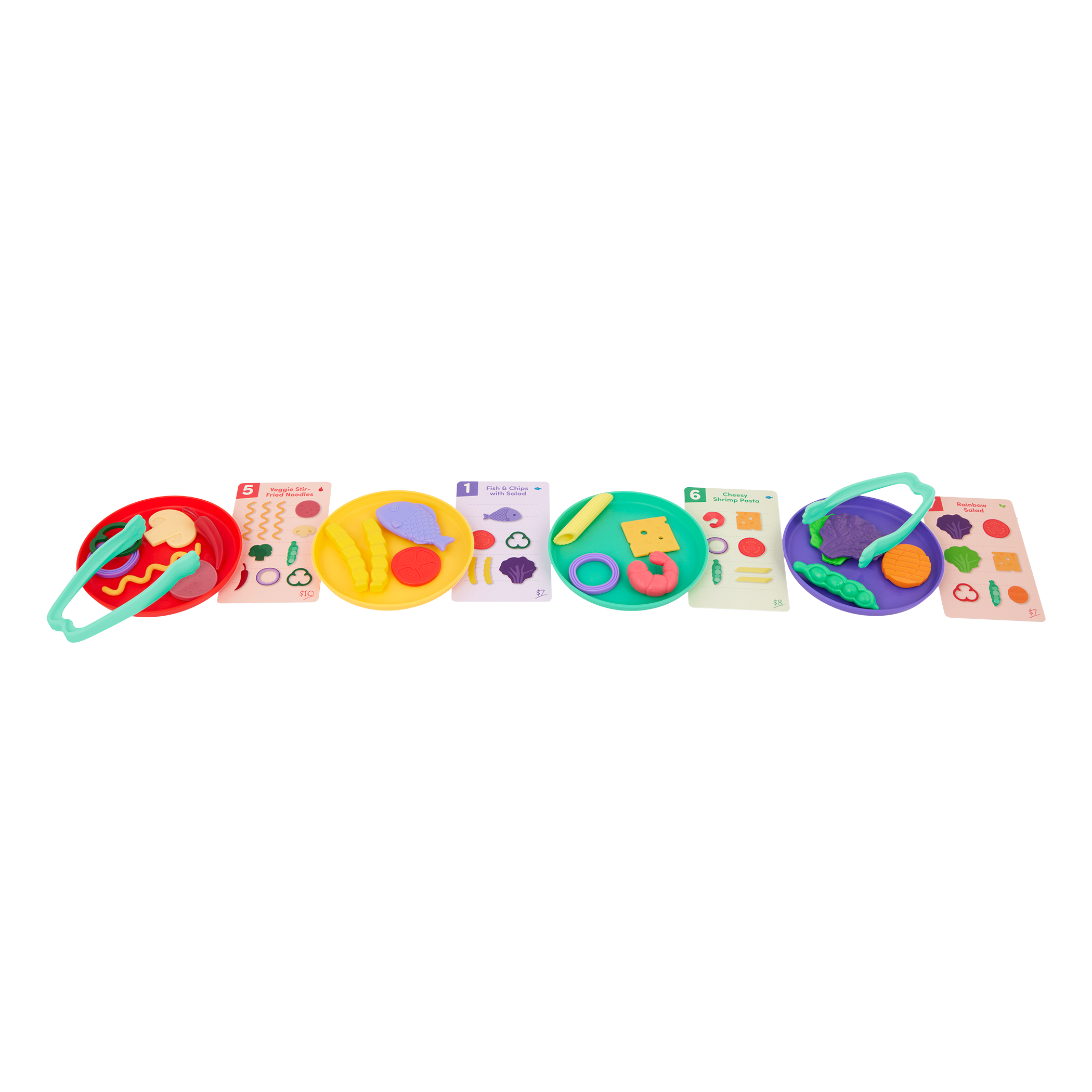 Colorful food sorting game with tongs, play food, activity cards, bowls, and a menu.