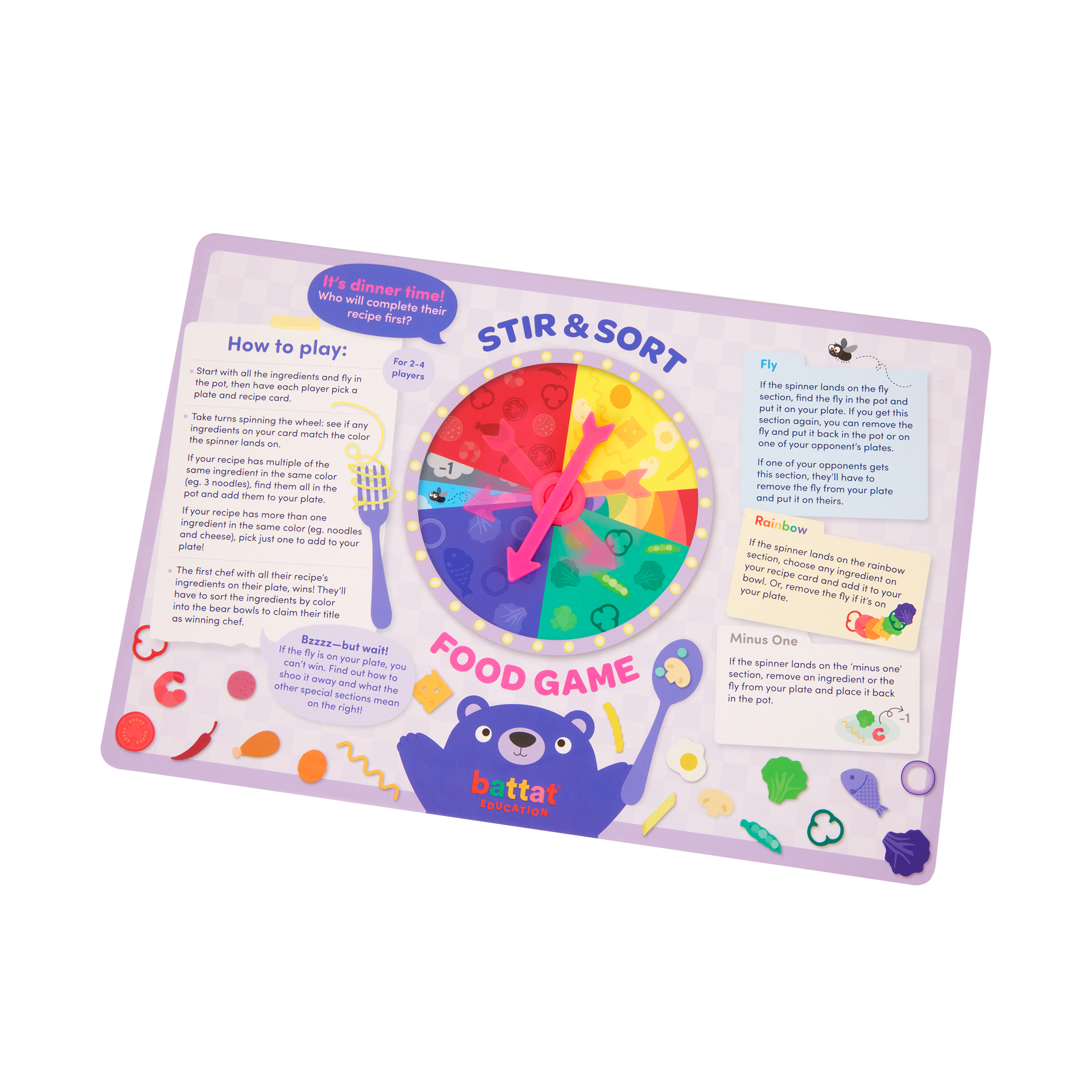 Colorful food sorting game with tongs, play food, activity cards, bowls, and a menu.