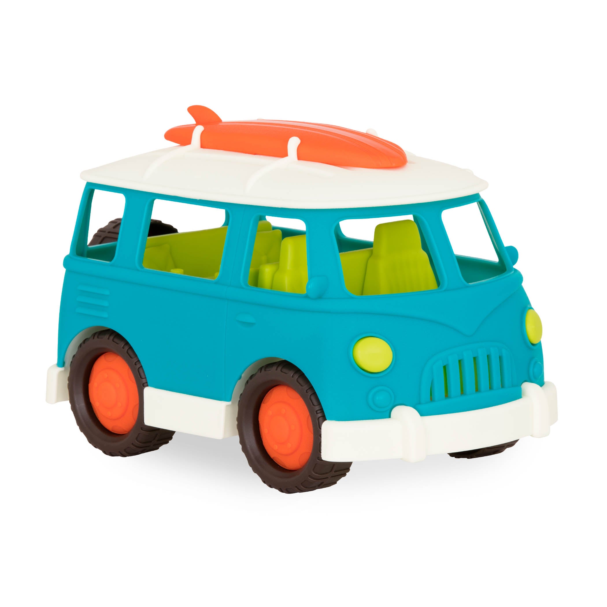 A blue camper van with a green interior and an orange surfboard on top.