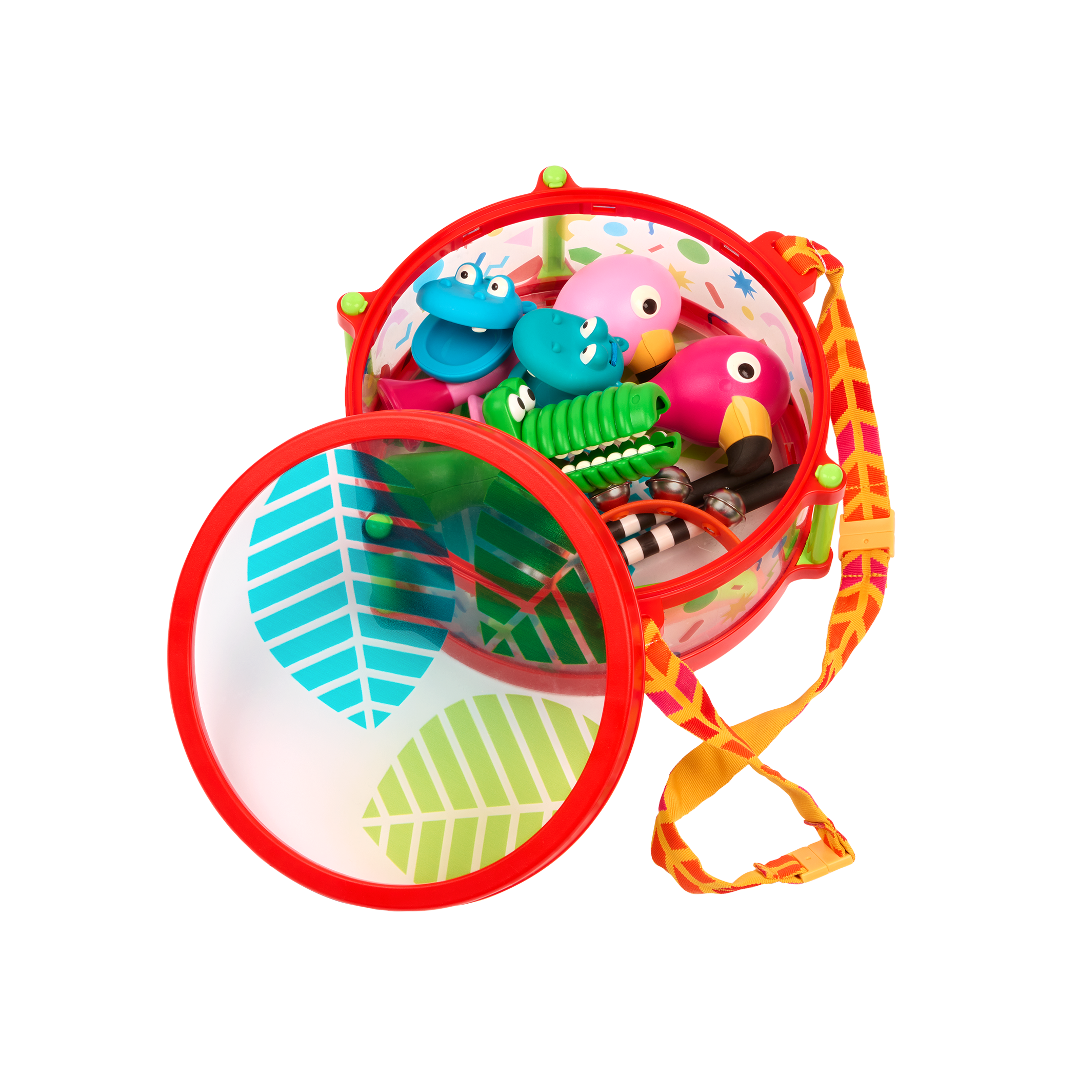 Percussion set in drum storage case with strap