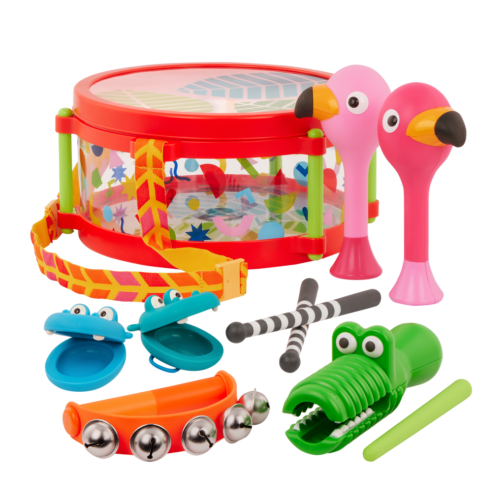 Percussion set in drum storage case with strap