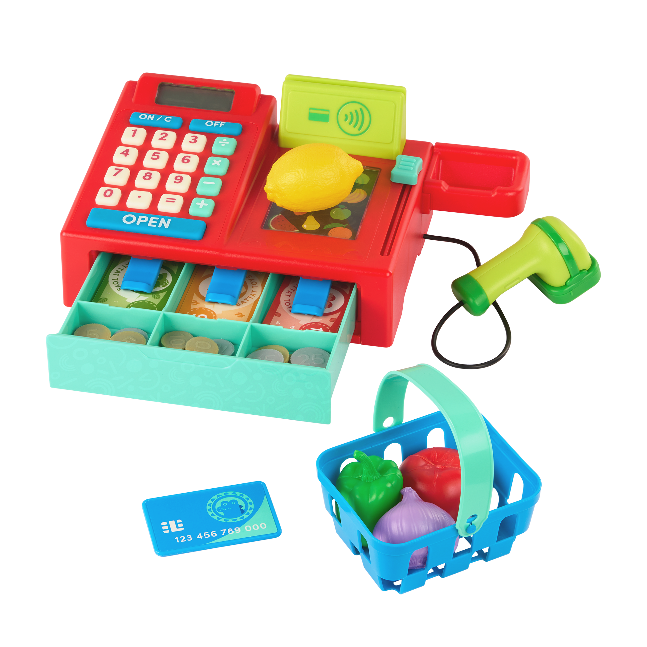 Toy cash register with accessories