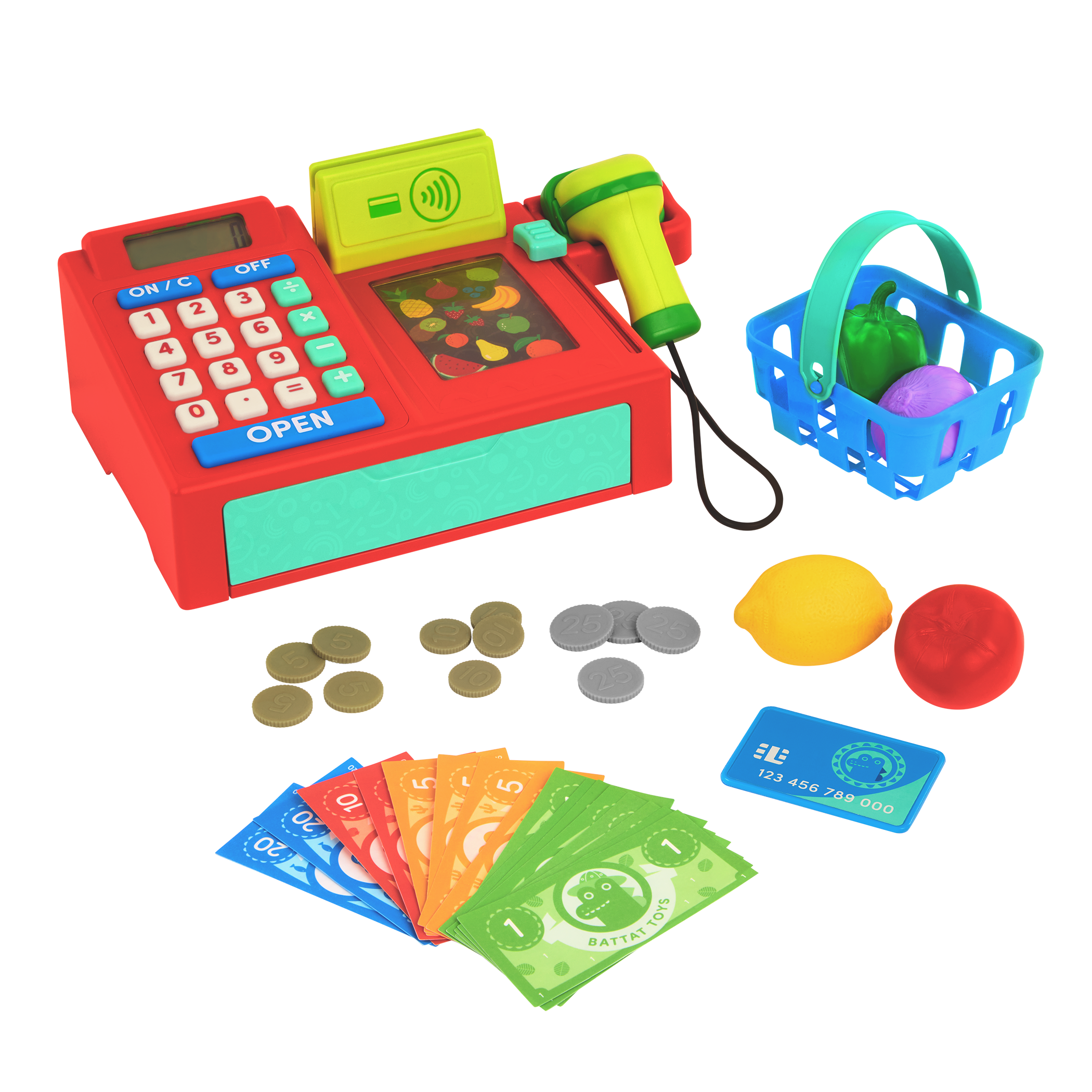 Toy cash register with accessories