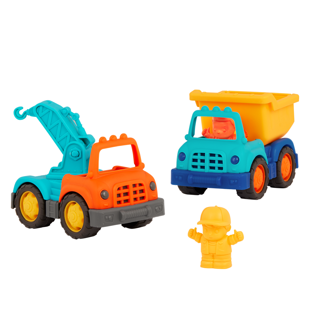 Mini vehicle crane truck, dump truck, and 2 drivers