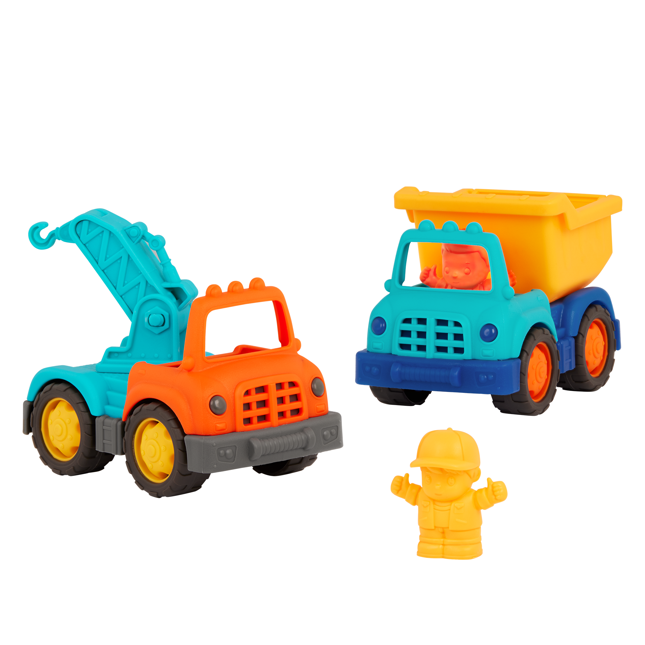 Mini vehicle crane truck, dump truck, and 2 drivers