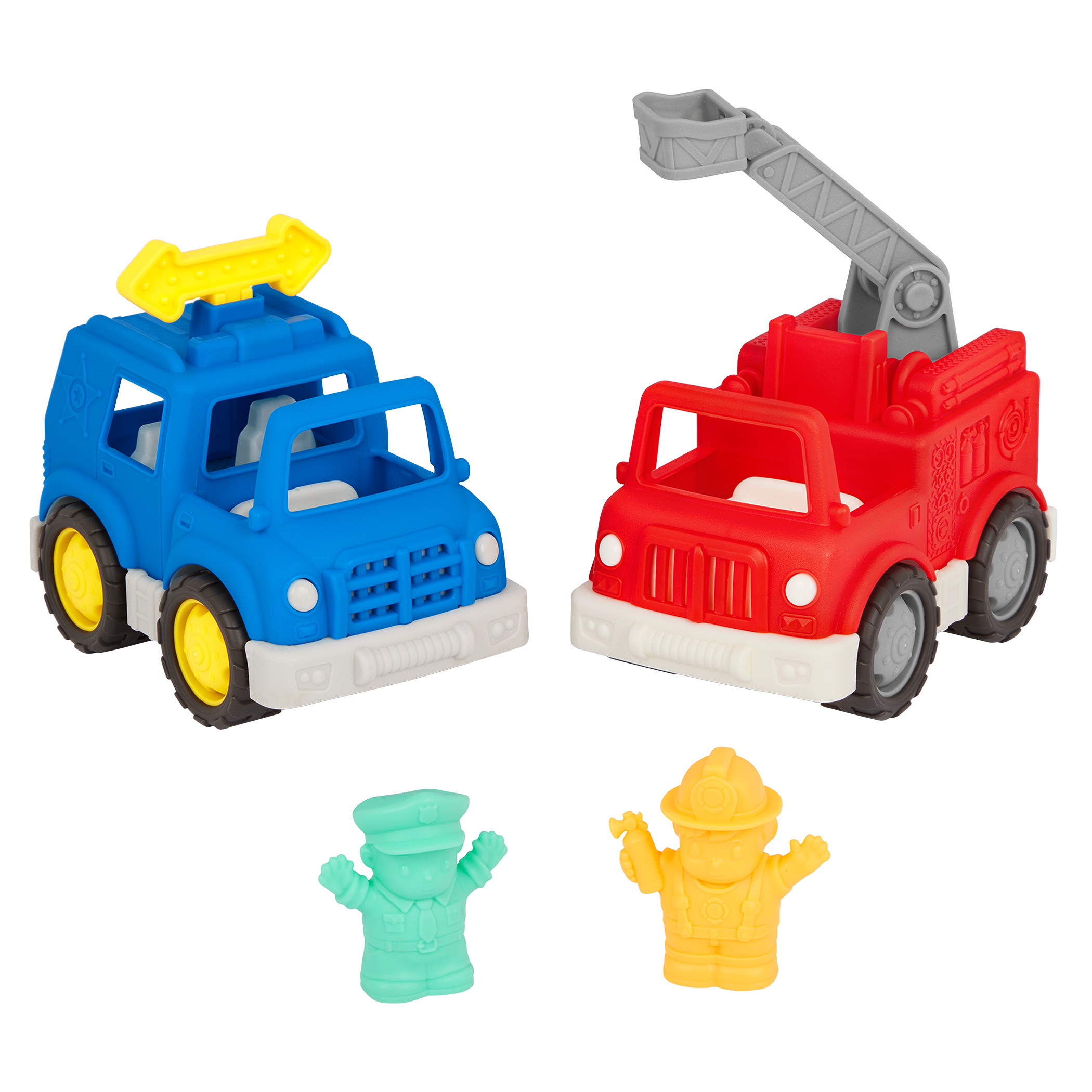 Mini vehicle police SUV, fire truck, and 2 drivers