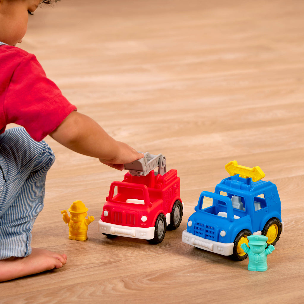 Mini vehicle police SUV, fire truck, and 2 drivers