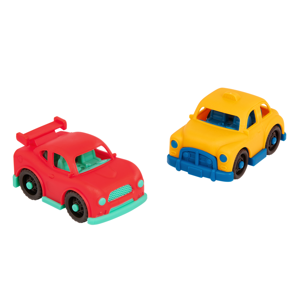 Plastic taxi, pick-up truck, police car, and sports car