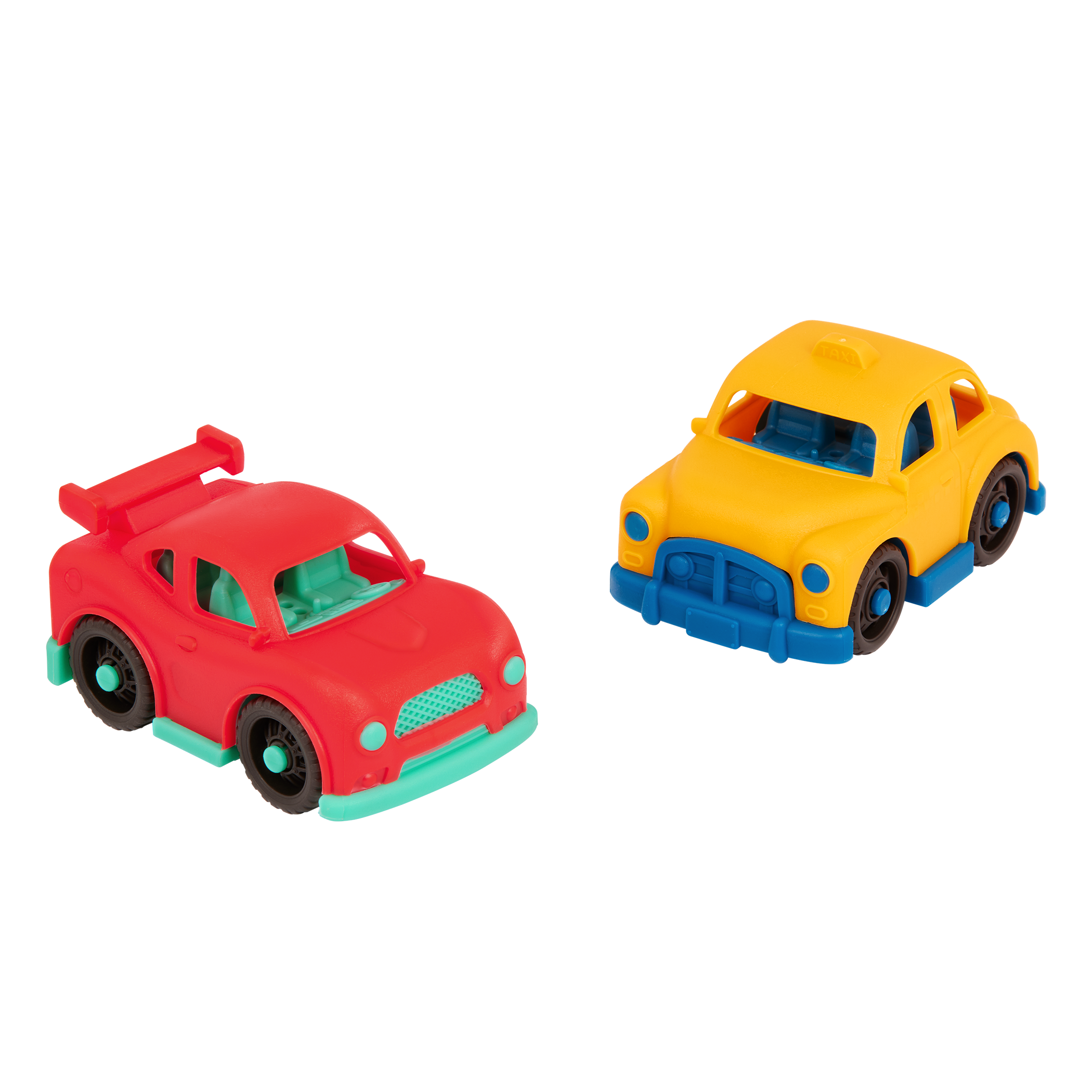 Plastic taxi, pick-up truck, police car, and sports car