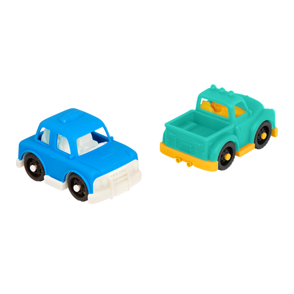 Plastic taxi, pick-up truck, police car, and sports car