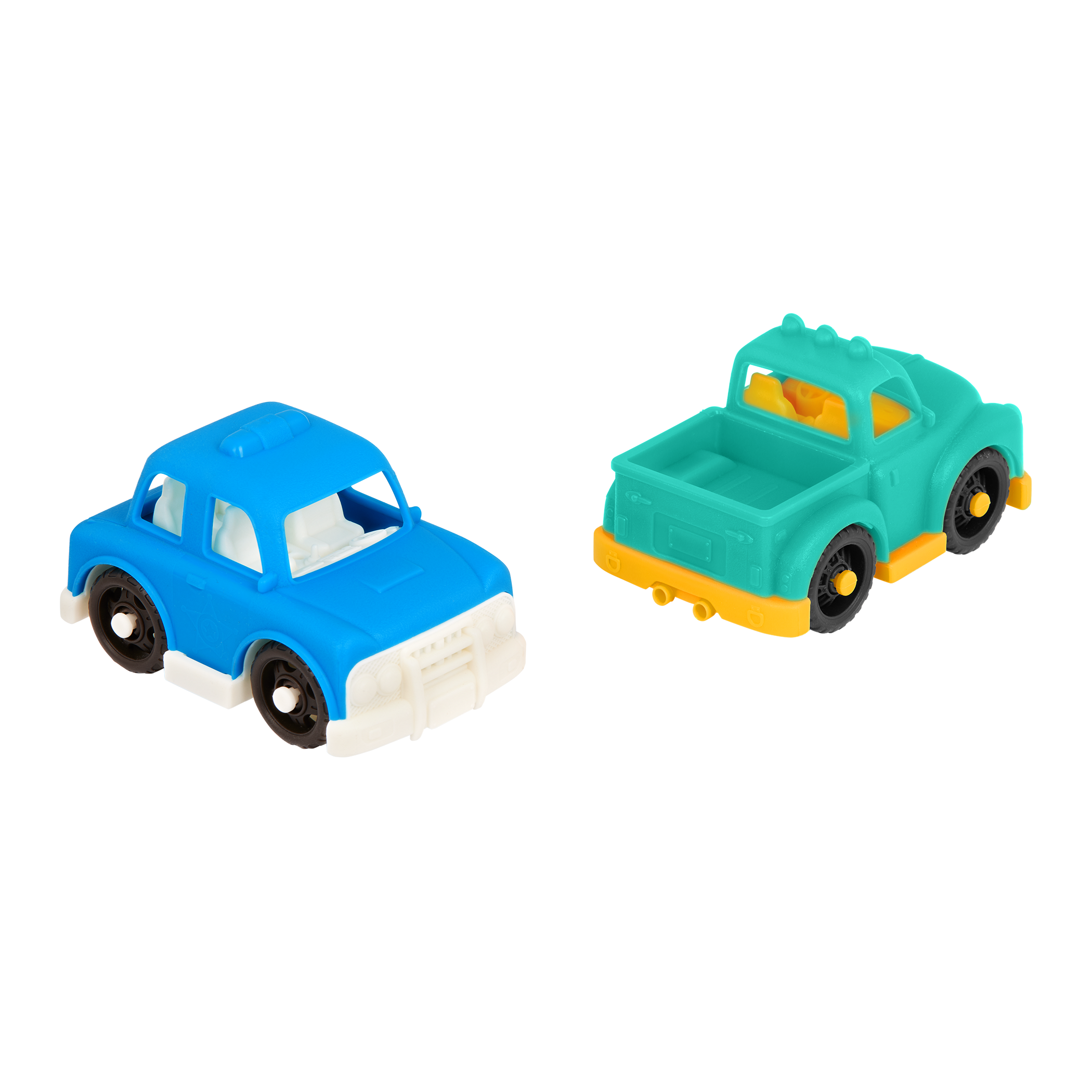 Plastic taxi, pick-up truck, police car, and sports car