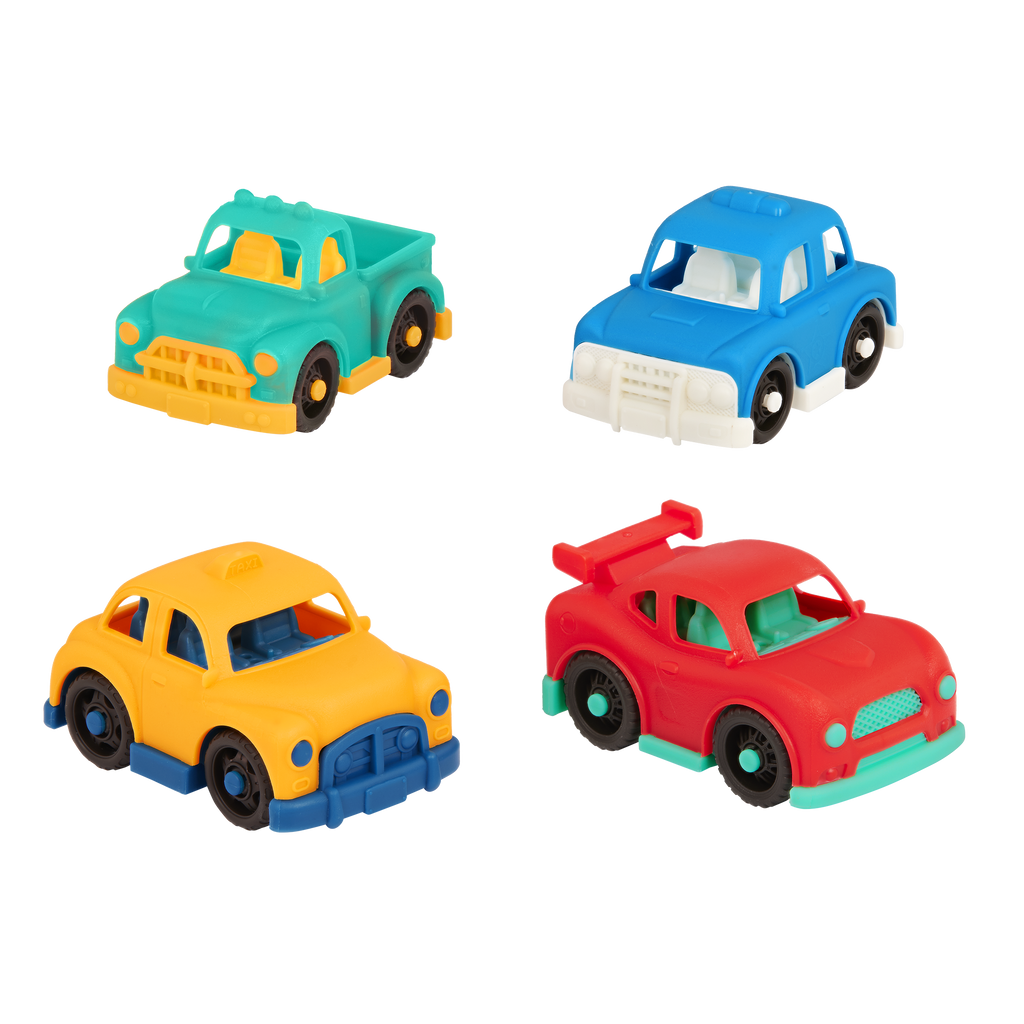 Plastic taxi, pick-up truck, police car, and sports car
