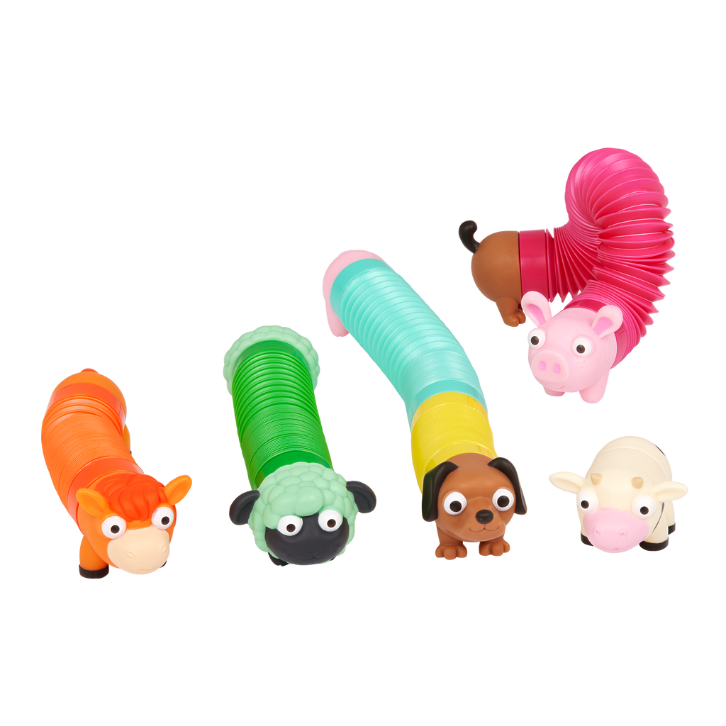 Stretchy toy animals including a horse, a cow, a sheep, a dog and a pig