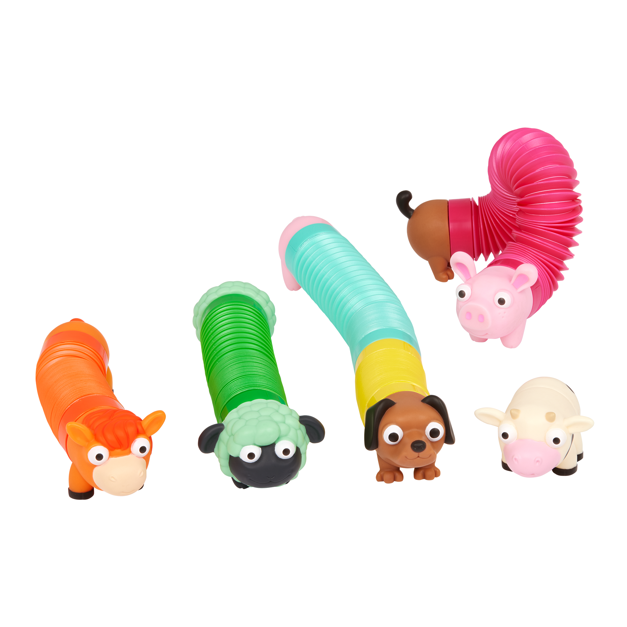 Stretchy toy animals including a horse, a cow, a sheep, a dog and a pig