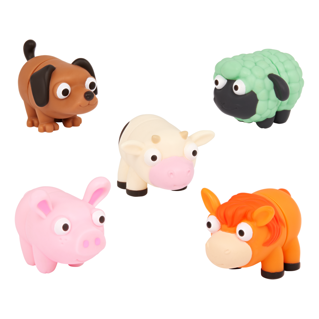 Stretchy toy animals including a horse, a cow, a sheep, a dog and a pig