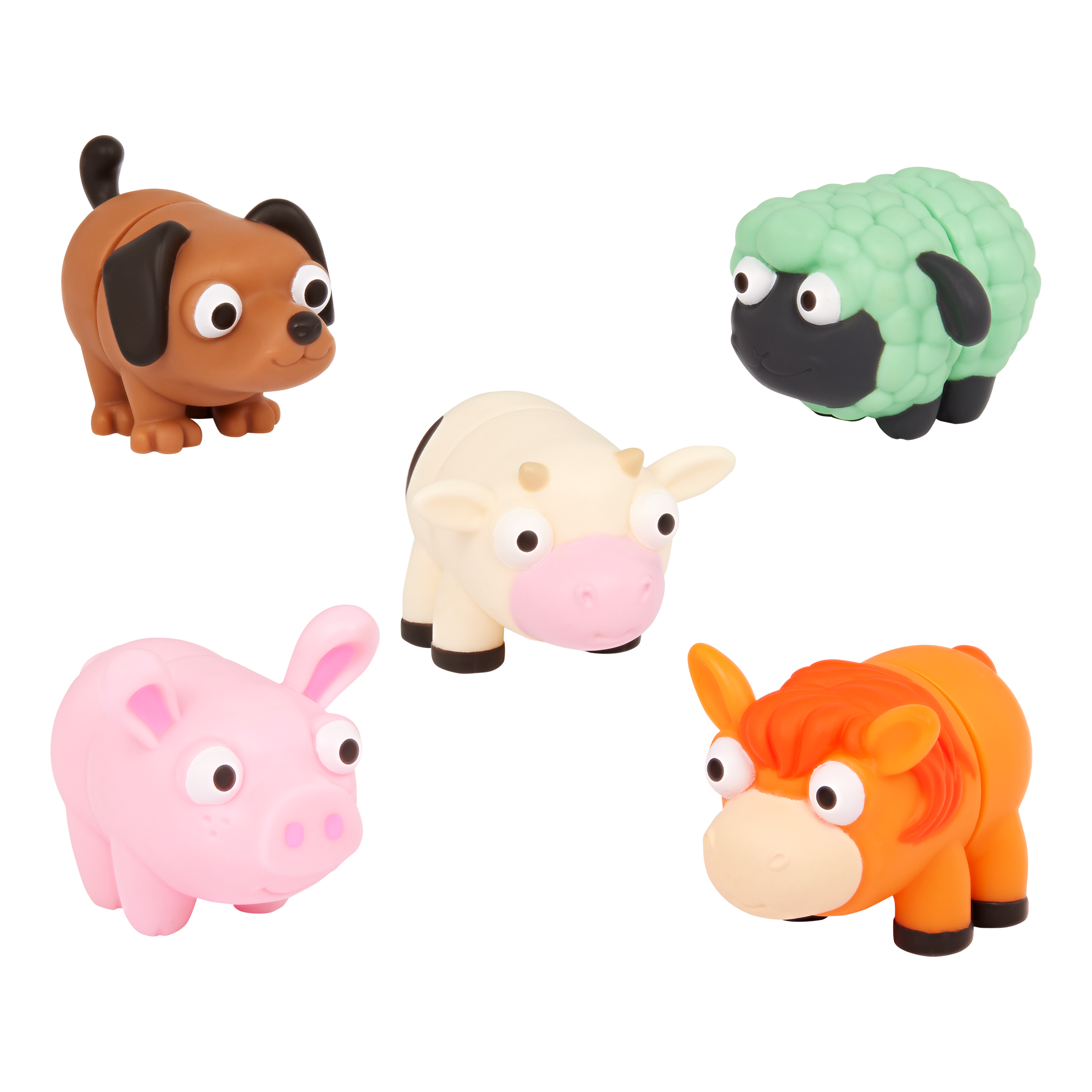 Stretchy toy animals including a horse, a cow, a sheep, a dog and a pig