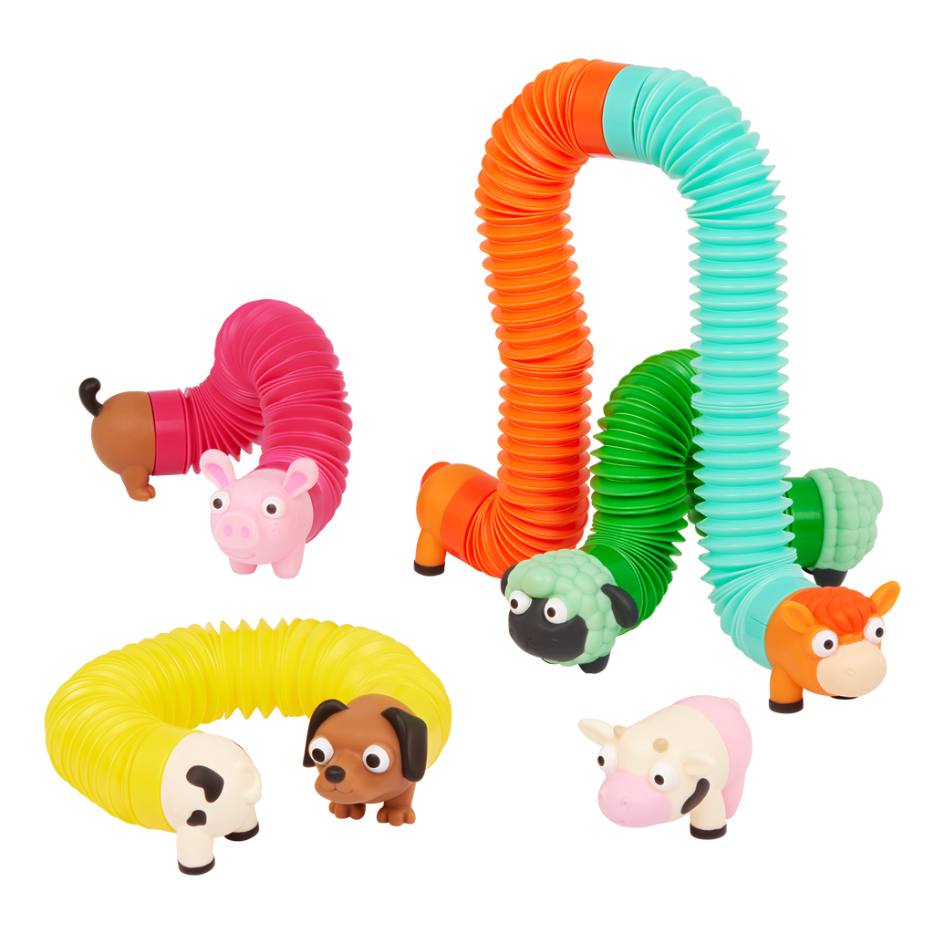 Stretchy toy animals including a horse, a cow, a sheep, a dog and a pig