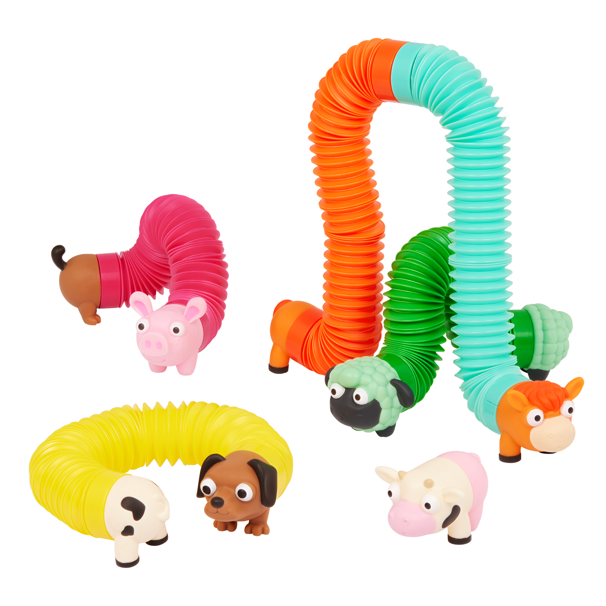Stretchy toy animals including a horse, a cow, a sheep, a dog and a pig