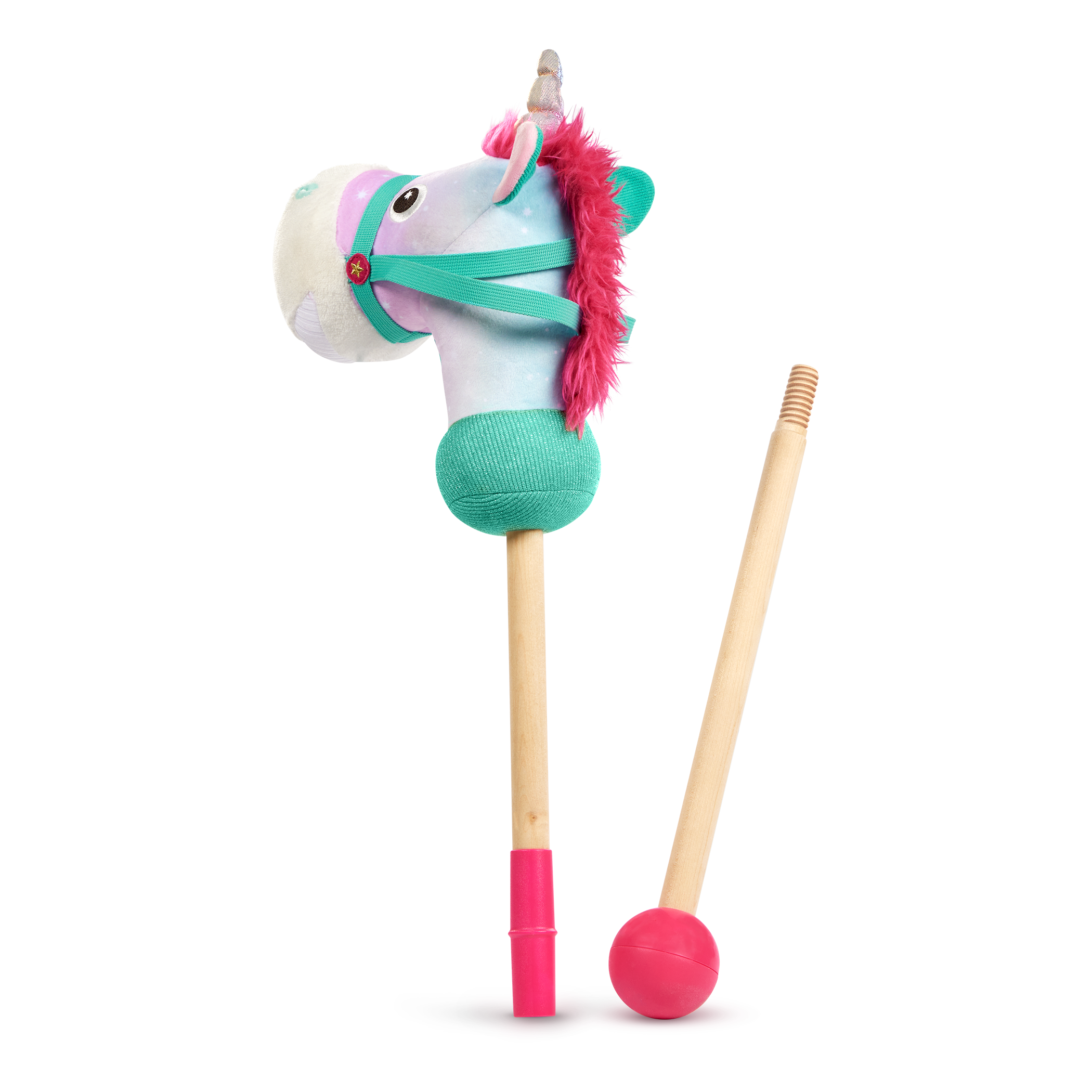 green and pink unicorn hobby horse with wooden riding pole