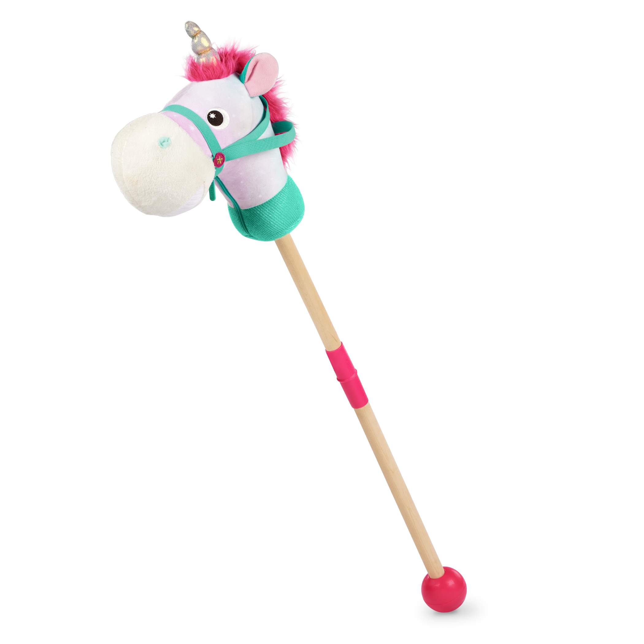 green and pink unicorn hobby horse with wooden riding pole