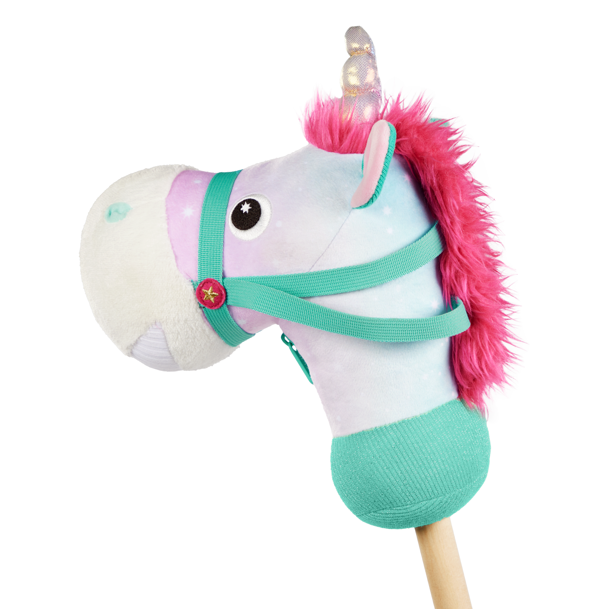 green and pink unicorn hobby horse with wooden riding pole